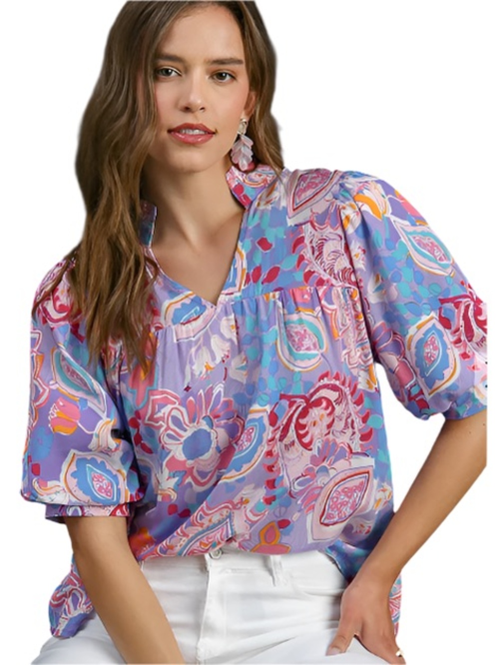 Umgee Lavender Paisley Puff-Sleeve Blouse with Multi-Color Print